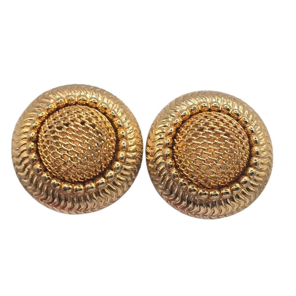 Earrings Vintage Button Dome Mesh Basketweave Pattern Texture Gold Tone Clip On